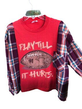 Upcycled Flannel Shirt, Oversized Football Graphic T-Shirt Pullover, Sz M - L